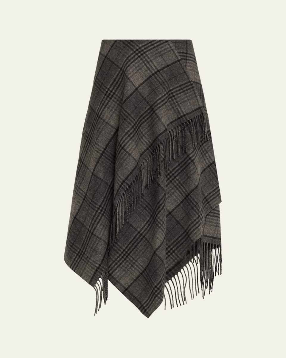 Fringed Plaid Wrap Midi Skirt